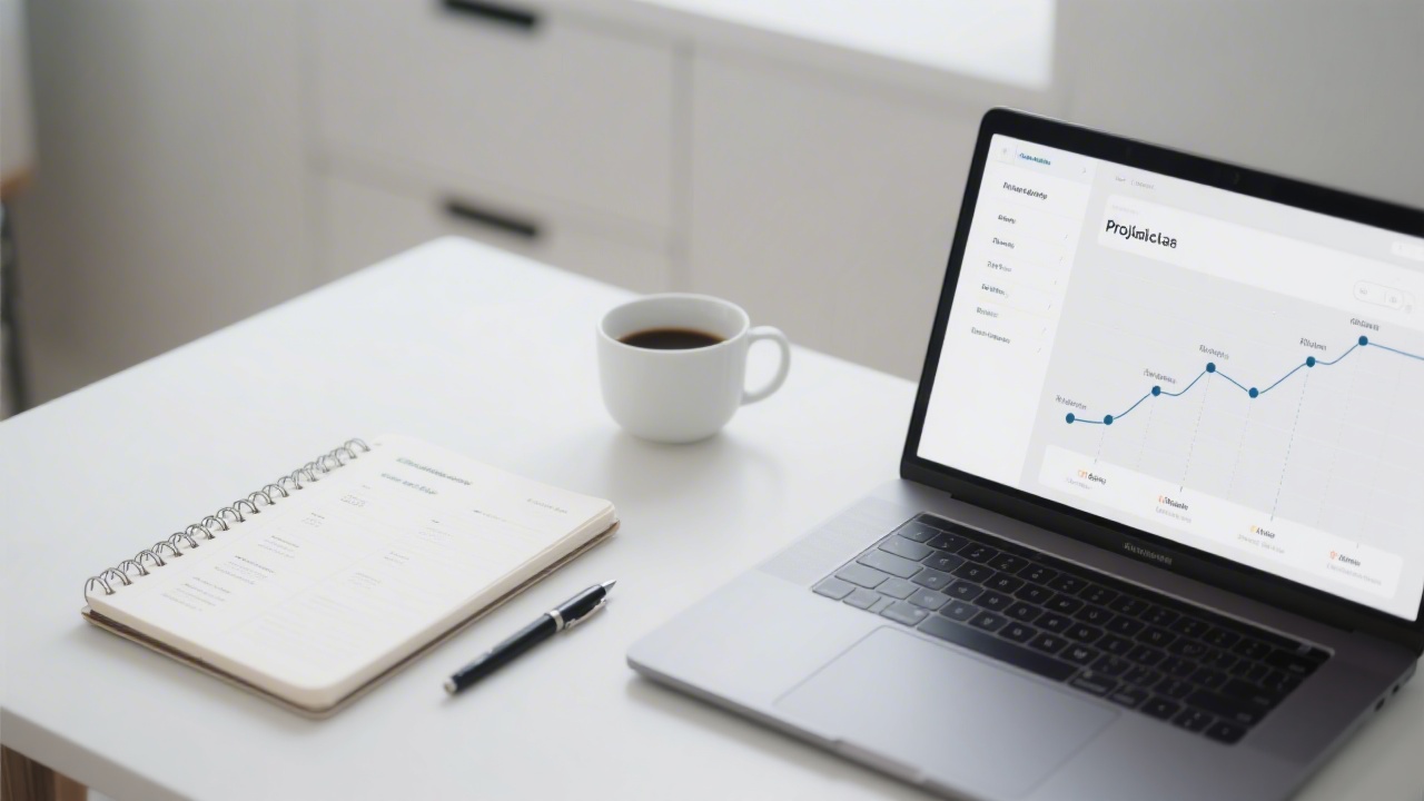 Clean modern workspace with a notebook showing project milestones, a pen, a cup of coffee, and a laptop with a simple project roadmap interface.