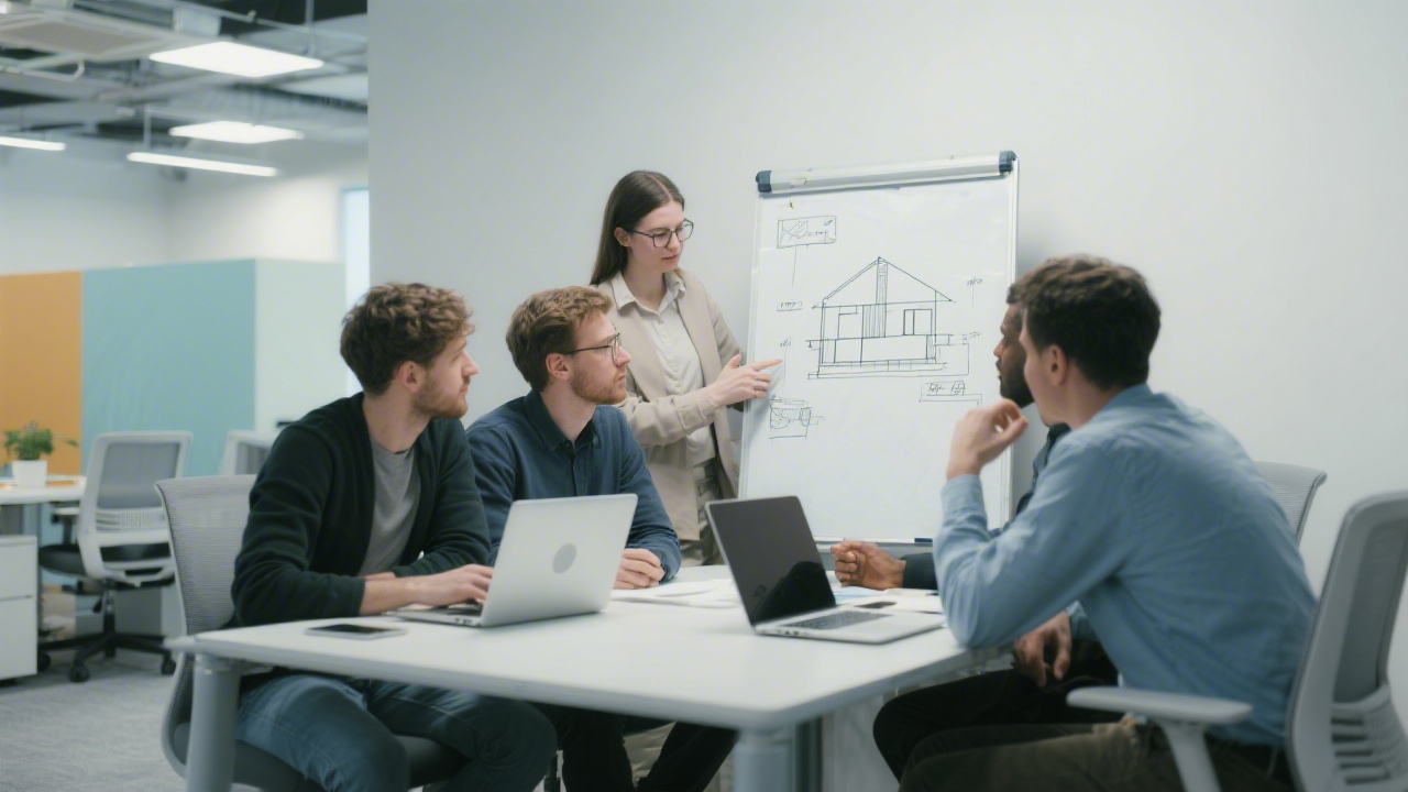 Small group of developers collaborating at a whiteboard with simple architecture diagrams, laptops open, modern office interior with neutral colors.