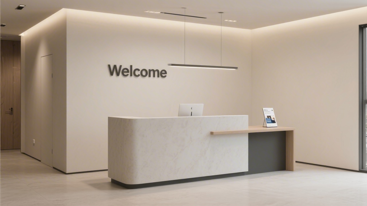Reception area with a minimalist welcome desk, company brochure, and a neutral wall with soft lighting, calm and professional atmosphere.