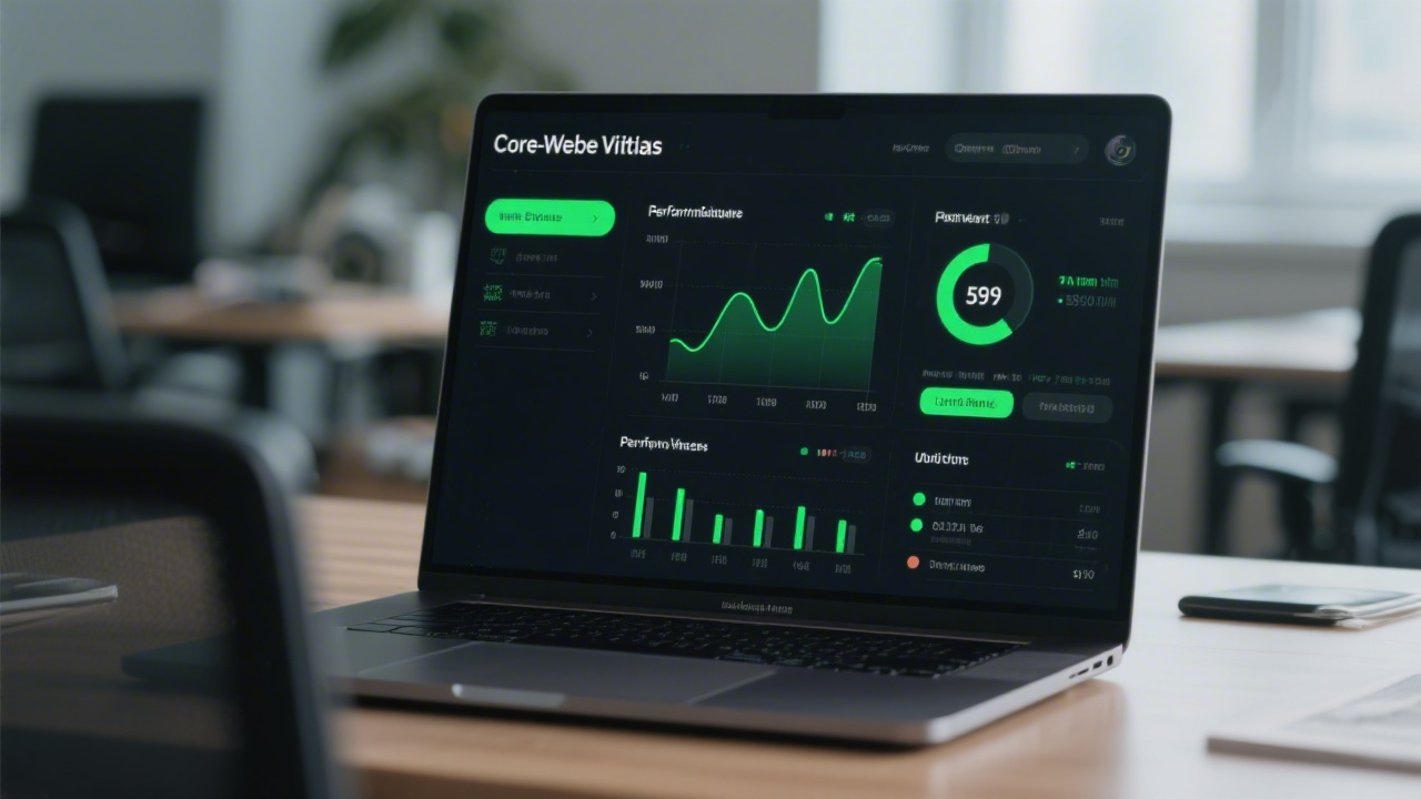 Dark themed performance dashboard showing Core Web Vitals charts, response time graphs, and green score indicators, displayed on a laptop in a tidy office.
