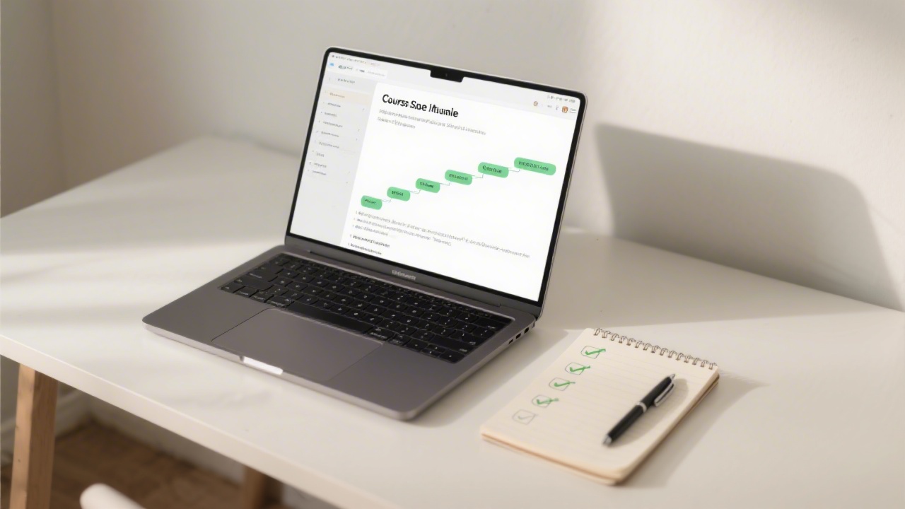 Minimalist workspace with an open laptop showing a course outline, a notepad with checklists and a pen, soft lighting and professional atmosphere.